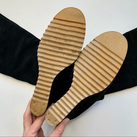 VINTAGE 1970s Black Suede Tall Boots Wedge Heel - Size 7-7.5 - Picture 2 of 11